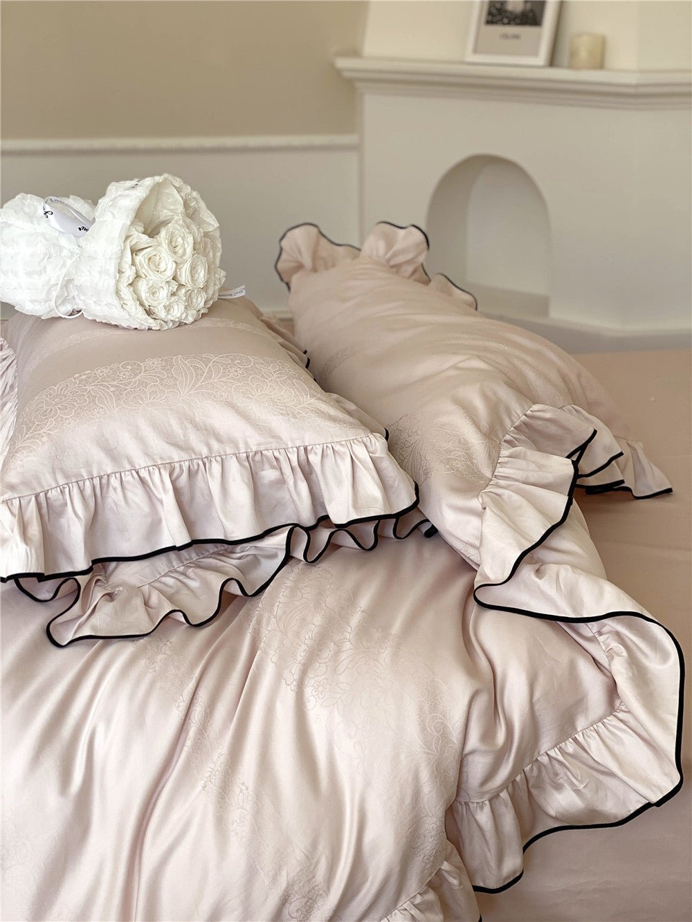 Chantelle Ruffle Jacquard Satin Bedding Set - room scene