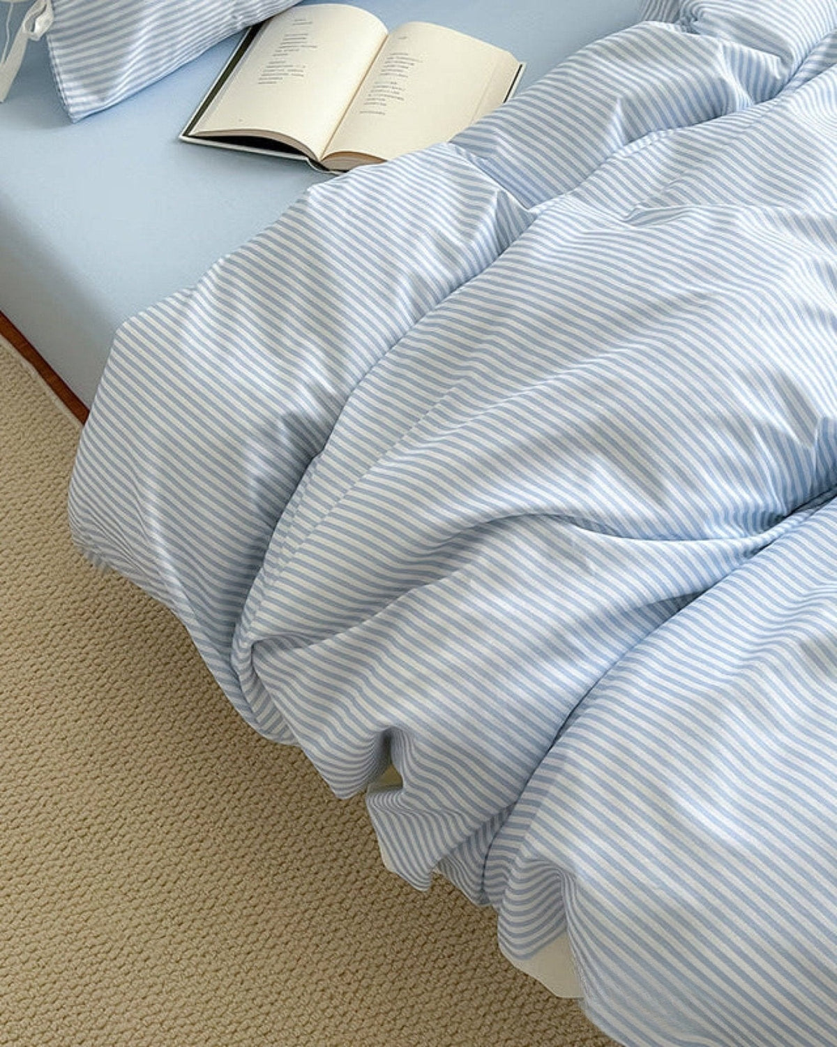 Bow striped cotton bedding set – Powder Blue, coordinated duvet and pillow view - Roomden