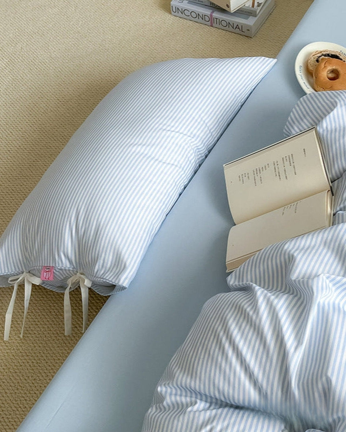 Bow striped cotton bedding set – Powder Blue, striped fabric, ribbon ties and pillow detail - Roomden