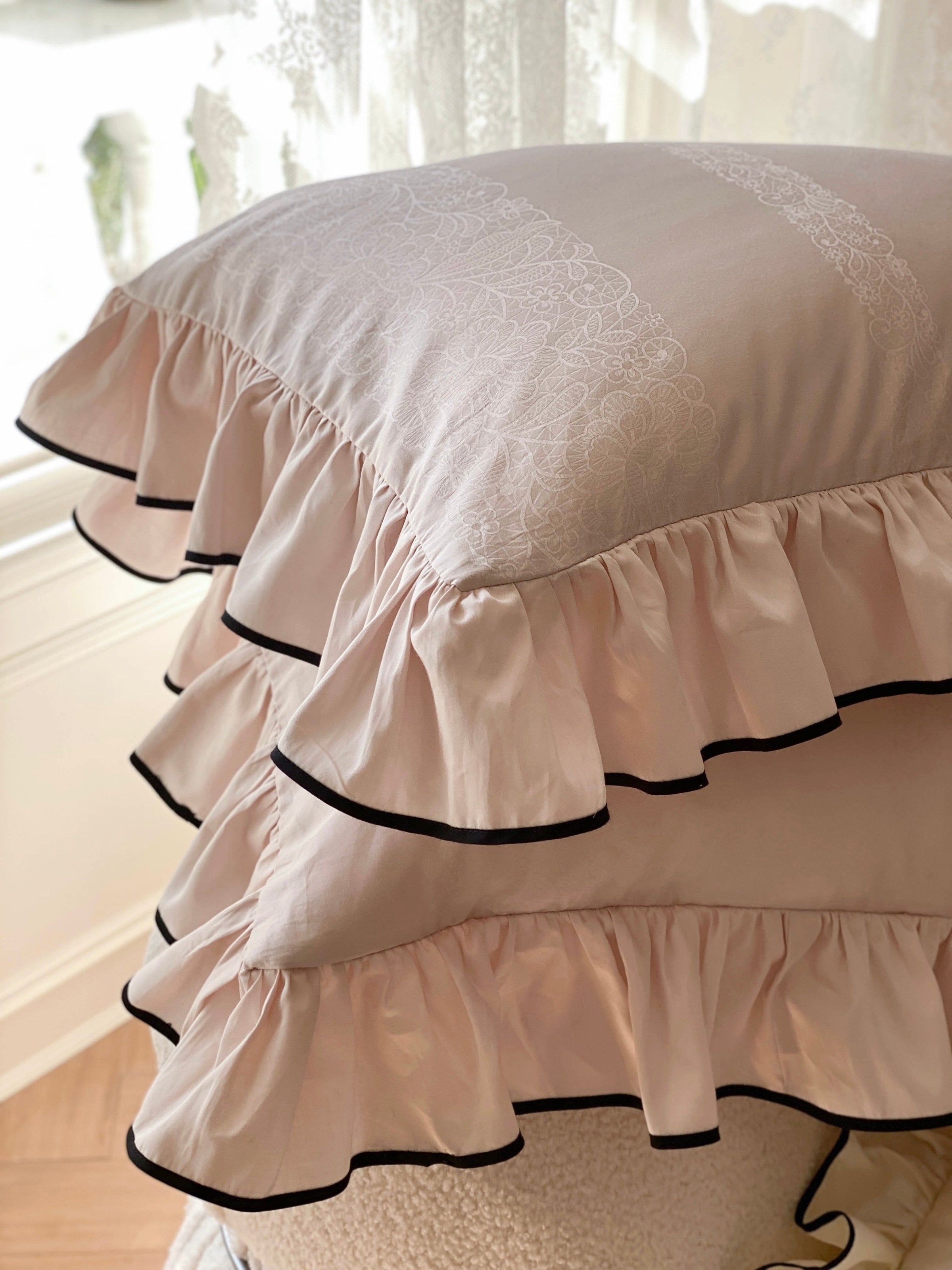 Chantelle Ruffle Jacquard Satin Bedding Set - room scene
