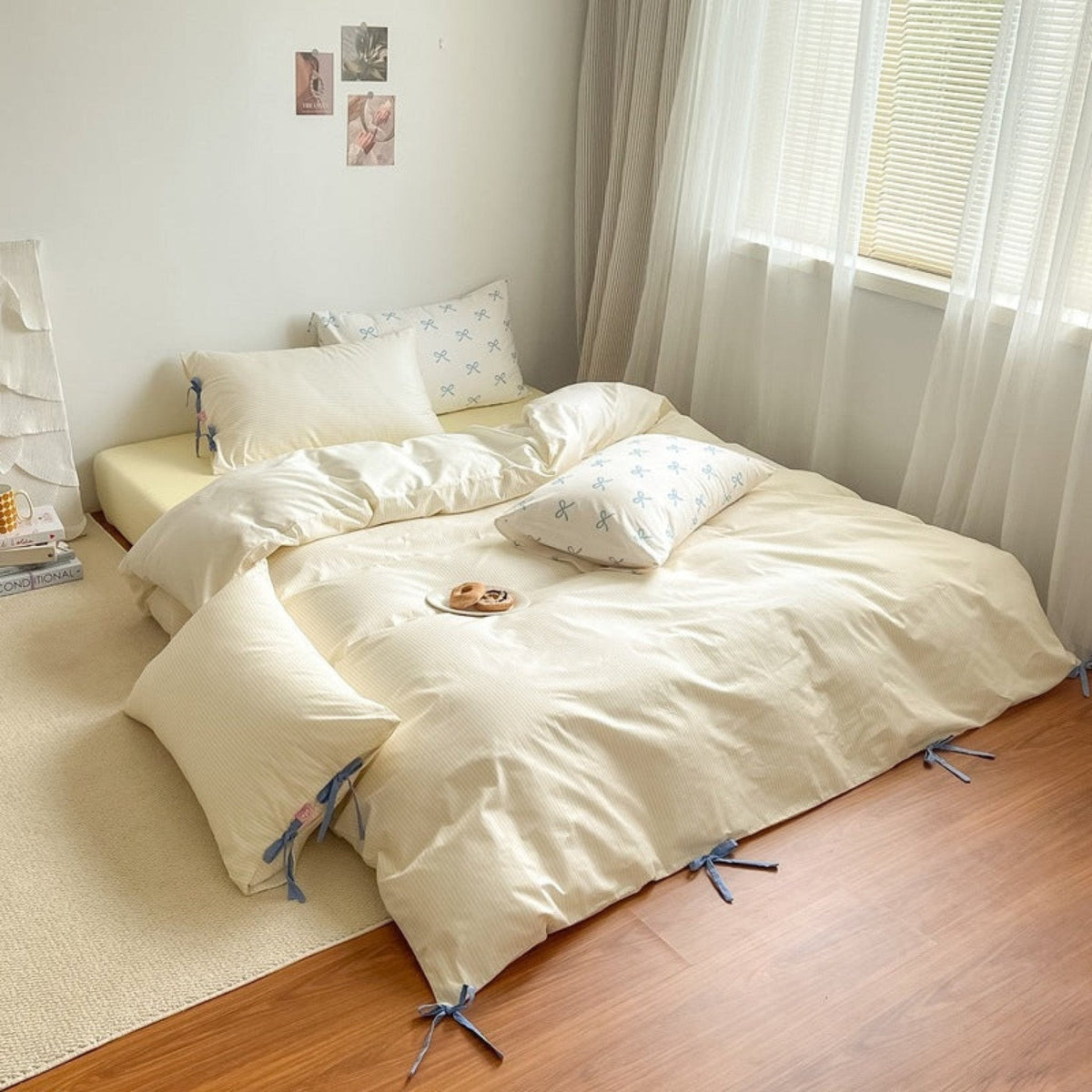 Bow striped cotton bedding set – Butter Yellow, full bedroom arrangement - Roomden