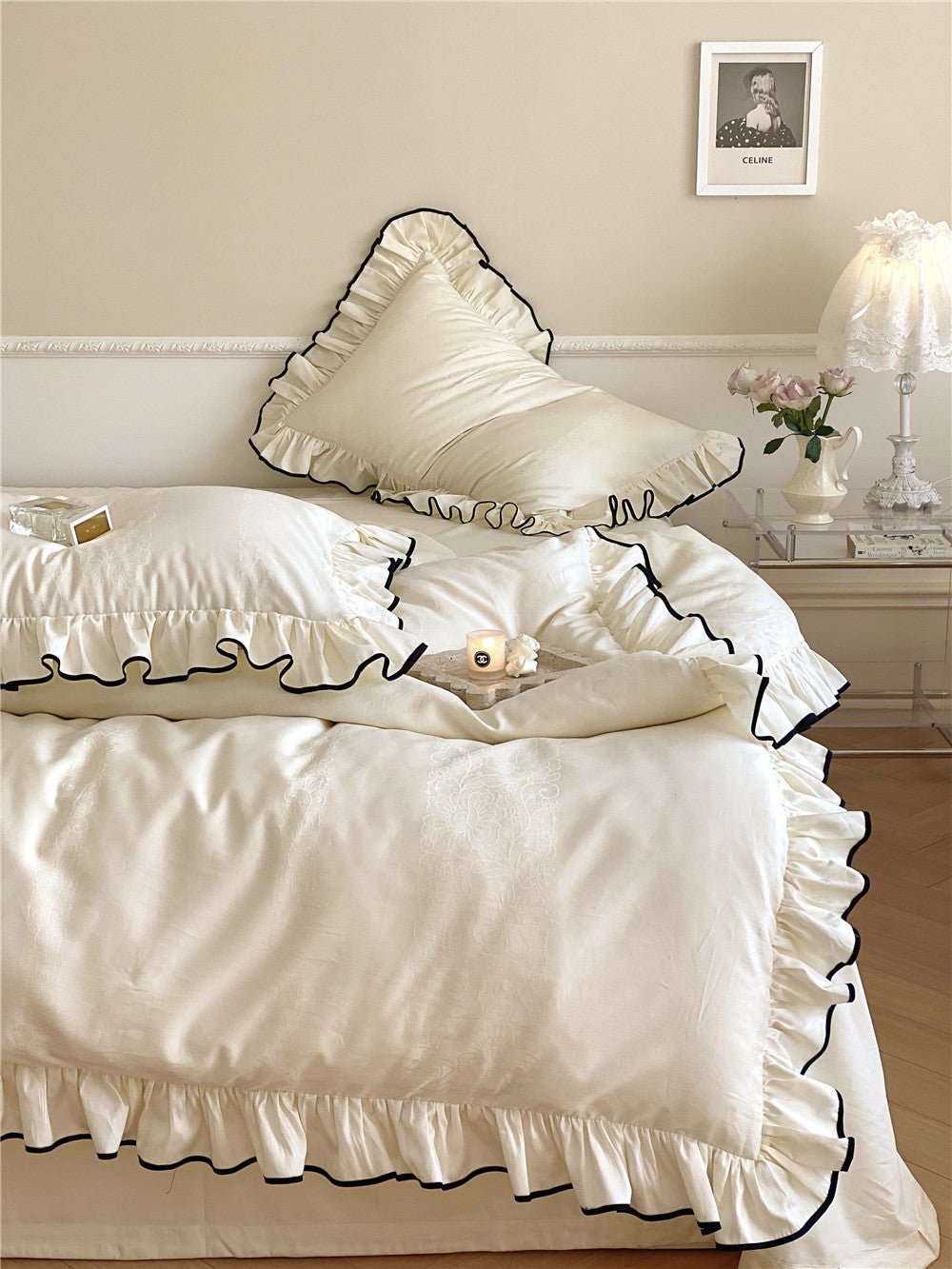 Chantelle Ruffle Jacquard Satin Bedding Set - room scene