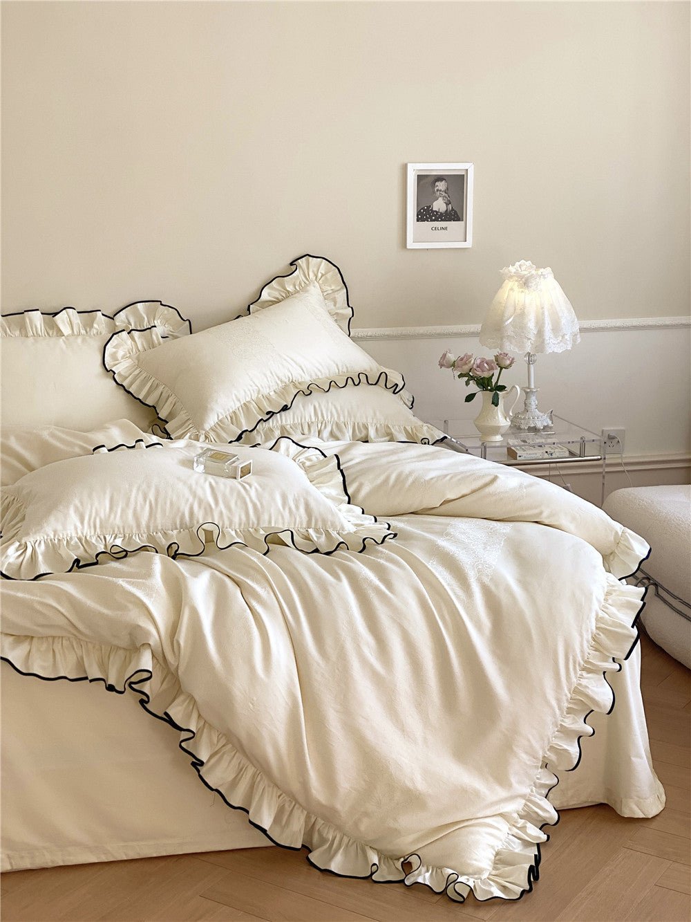 Chantelle Ruffle Jacquard Satin Bedding Set - room scene