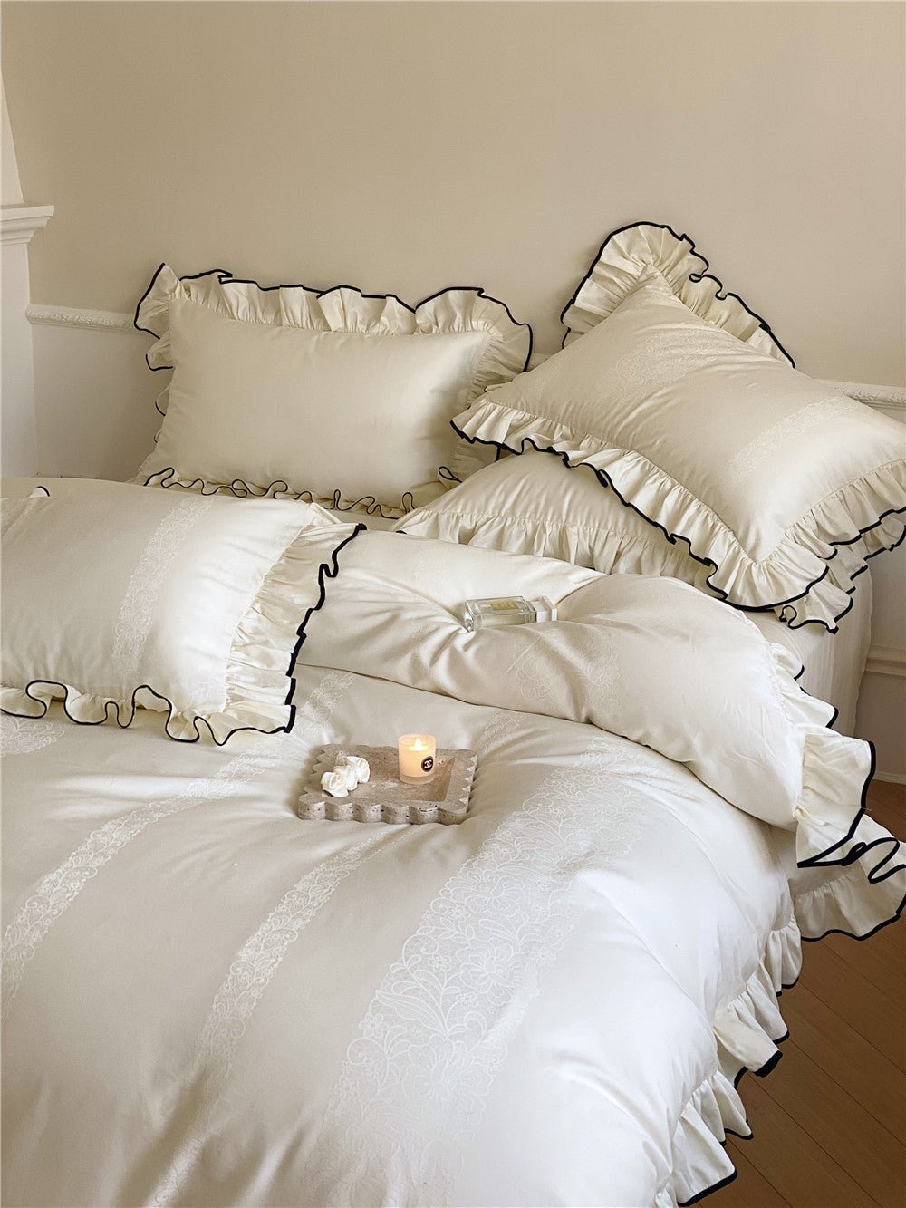 Chantelle Ruffle Jacquard Satin Bedding Set - room scene