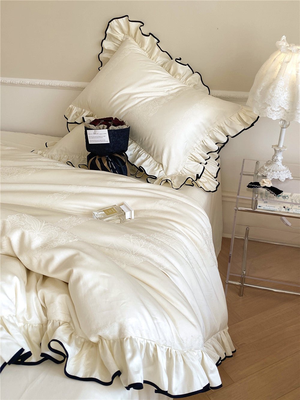 Chantelle Ruffle Jacquard Satin Bedding Set - room scene