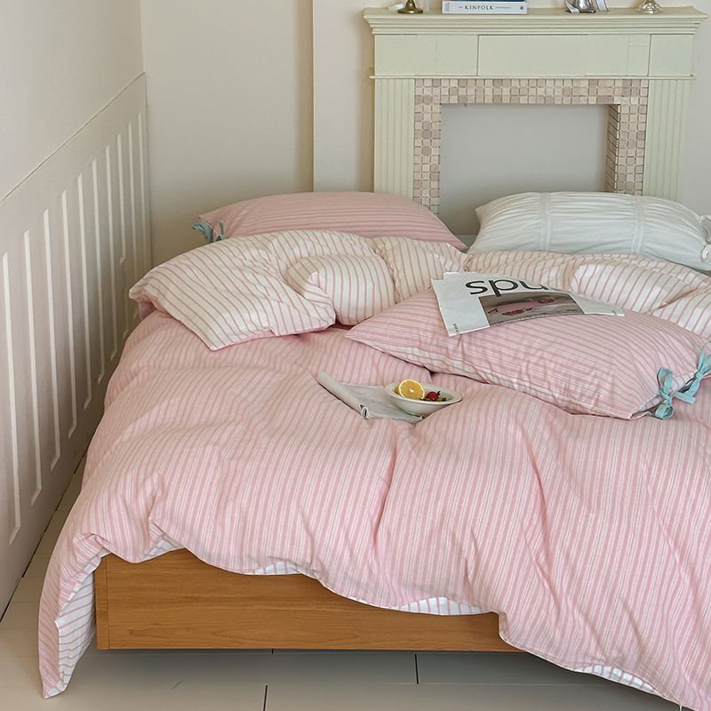 Washed Cotton Bow-Tie Pinstripe Bedding Set - Pink
