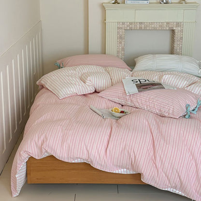Washed Cotton Bow-Tie Pinstripe Bedding Set - Pink