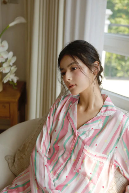 Pink heart stripe cotton sateen pajama set in a soft pastel style – RoomDen