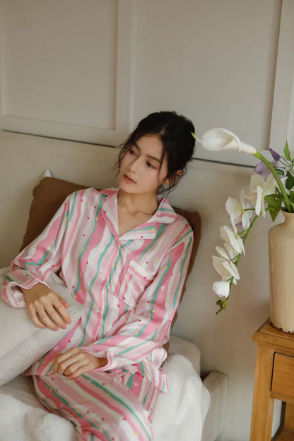 Pink heart stripe cotton sateen pajama set in a soft pastel style – RoomDen