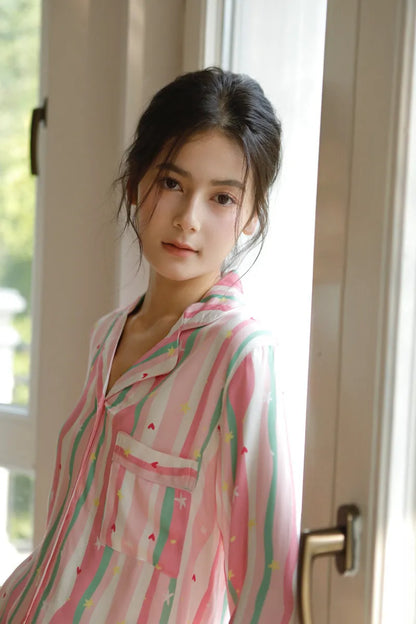 Pink heart stripe cotton sateen pajama set in a soft pastel style – RoomDen