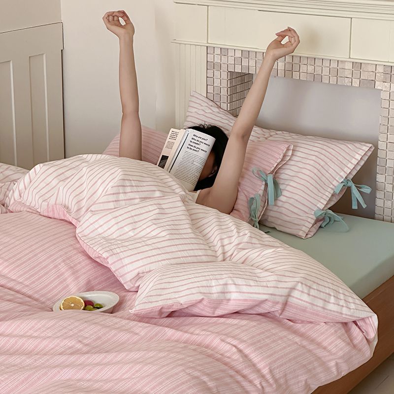 Washed Cotton Bow-Tie Pinstripe Bedding Set - Pink