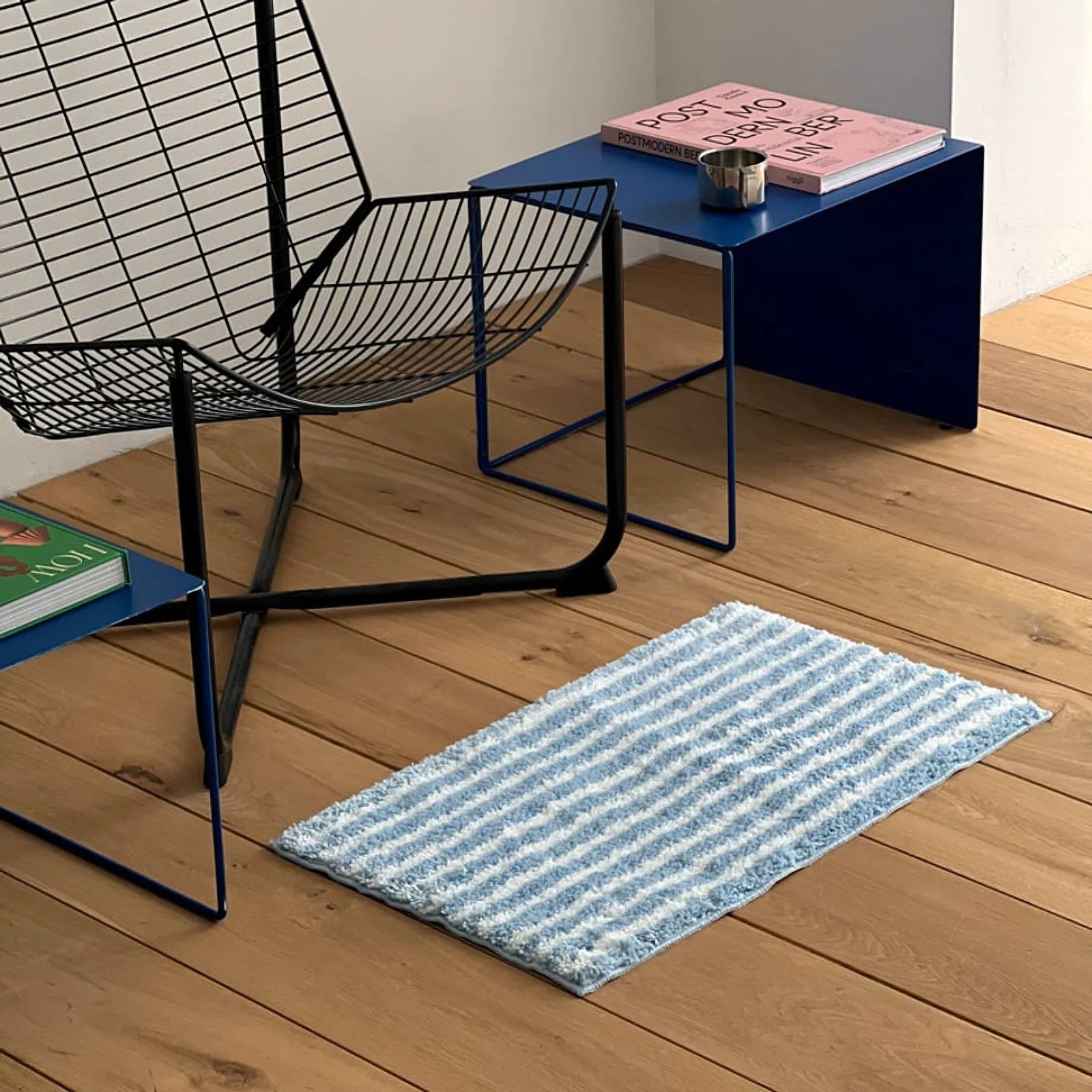 Blue wavy striped rug in modern room
