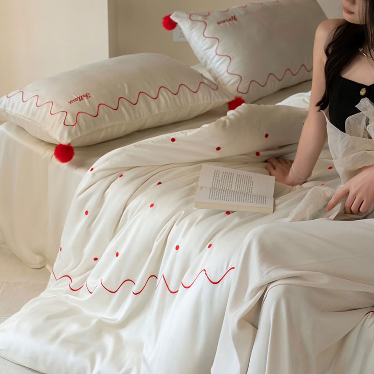 White Cooling Tencel bedding set with red polka dots and wavy embroidery, silky smooth texture - RoomDen