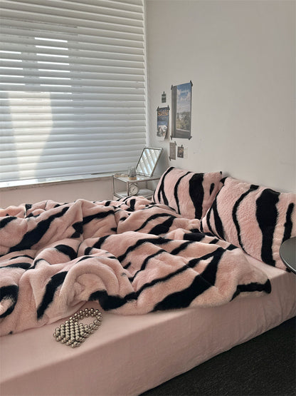 Close up pink plush fleece duvet cover texture animal print RoomDen