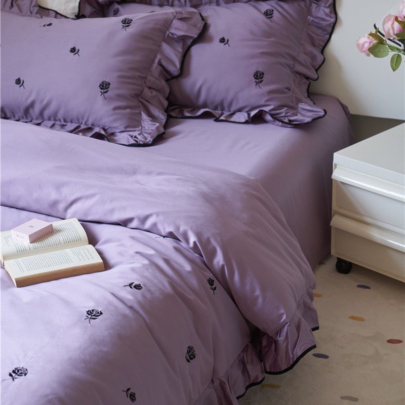 Amandine Rose Embroidered Cotton Bedding Set - Mauve Plum