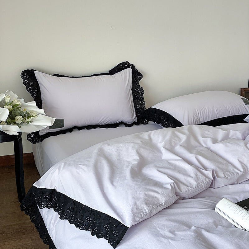 Yvelise Lace Trim Washed Cotton Bedding Set - Lilac Mist