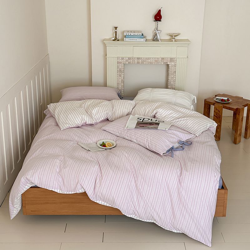 Washed Cotton Bow-Tie Pinstripe Bedding Set - Purple