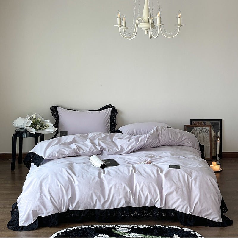 Yvelise Lace Trim Washed Cotton Bedding Set - Lilac Mist