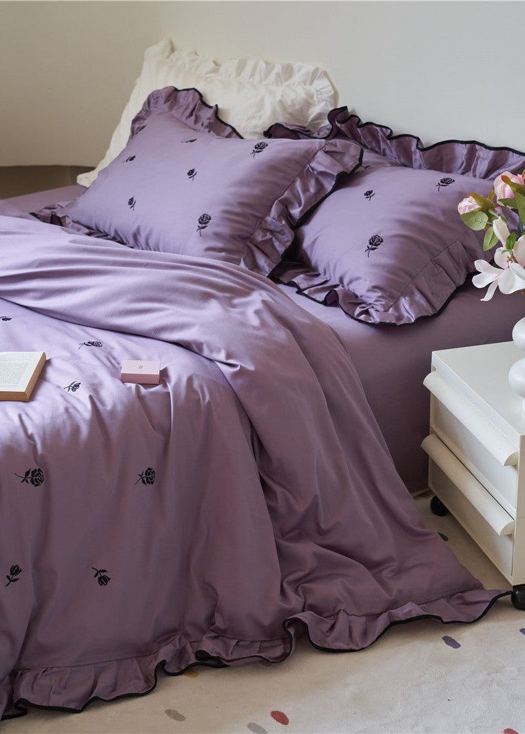Amandine Rose Embroidered Cotton Bedding Set - Mauve Plum