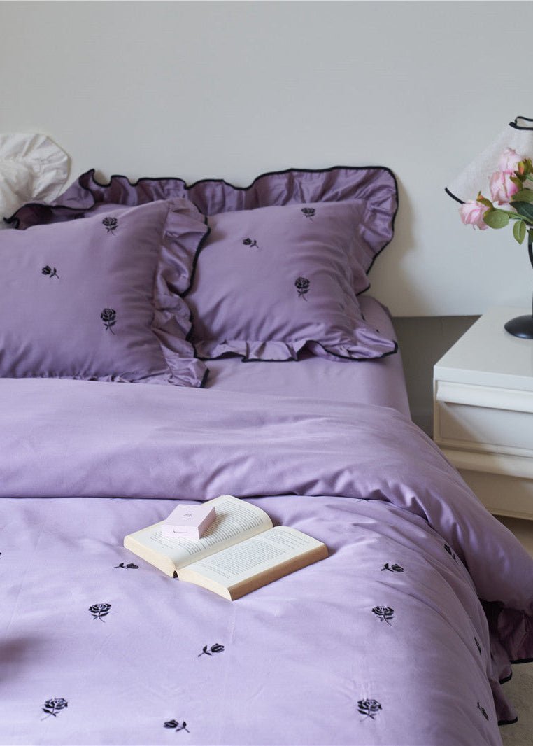 Amandine Rose Embroidered Cotton Bedding Set - Mauve Plum