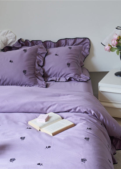 Amandine Rose Embroidered Cotton Bedding Set - Mauve Plum