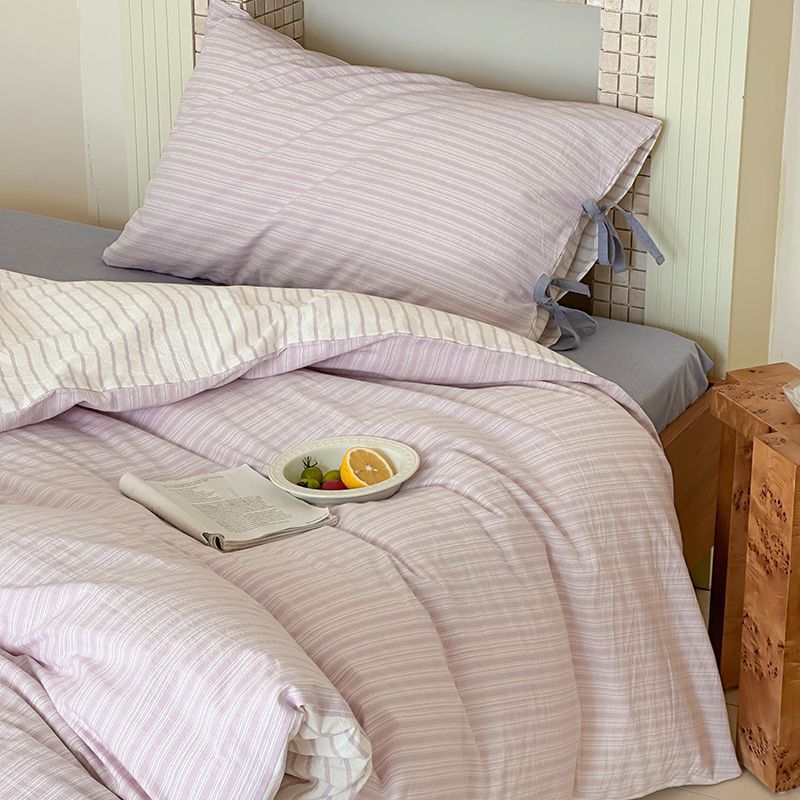 Washed Cotton Bow-Tie Pinstripe Bedding Set - Purple