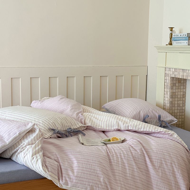Washed Cotton Bow-Tie Pinstripe Bedding Set - Purple