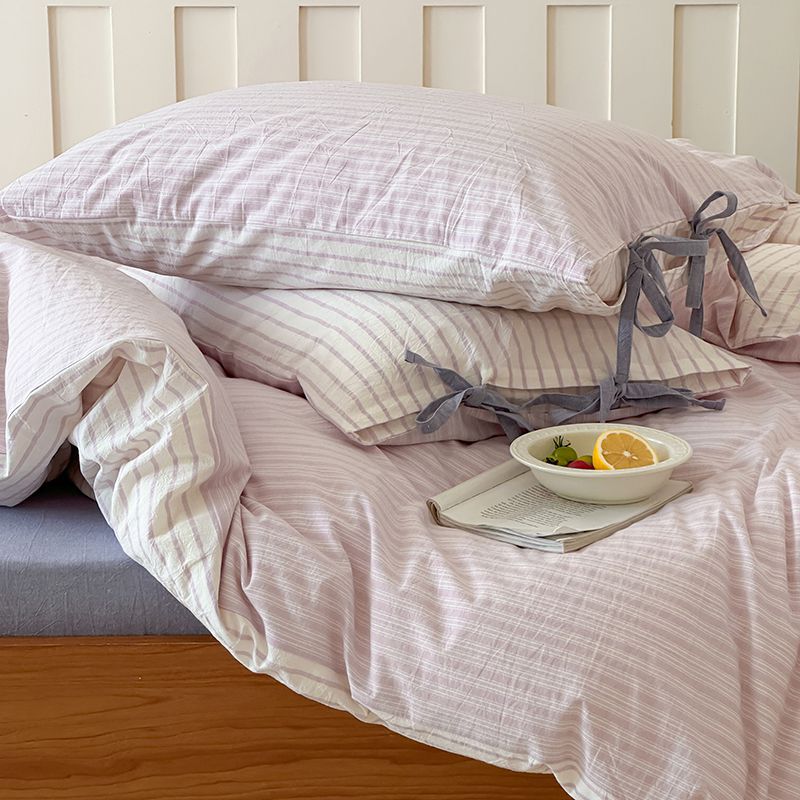 Washed Cotton Bow-Tie Pinstripe Bedding Set - Purple
