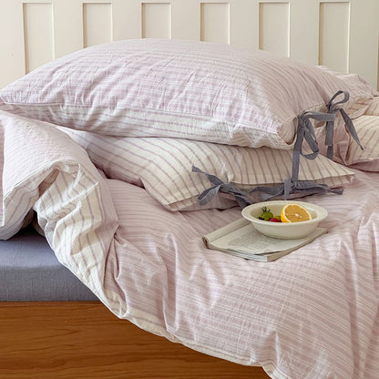 Washed Cotton Bow-Tie Pinstripe Bedding Set - Purple