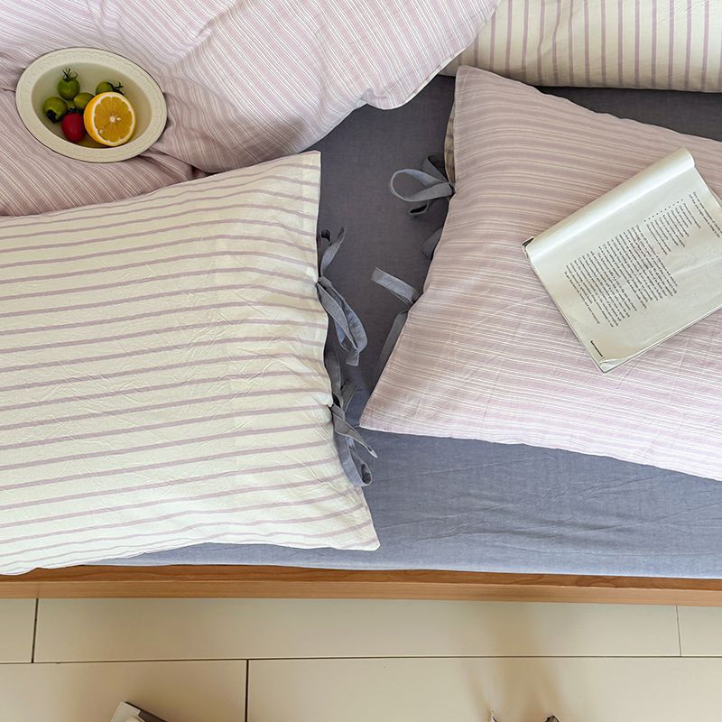 Washed Cotton Bow-Tie Pinstripe Bedding Set - Purple
