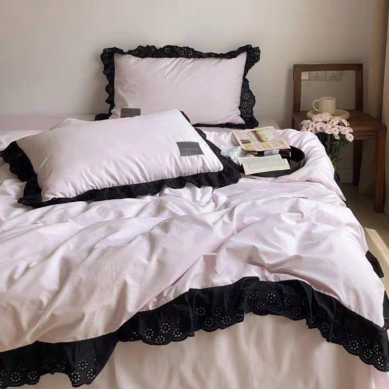 Yvelise Lace Trim Washed Cotton Bedding Set - Blush Pink