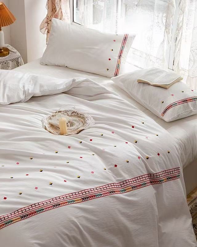 Marbella Embroidered Floral Cotton Bedding Set - Prairie Stripe