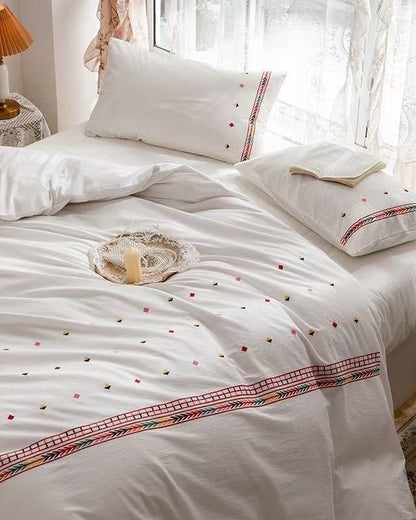 Marbella Embroidered Floral Cotton Bedding Set - Prairie Stripe