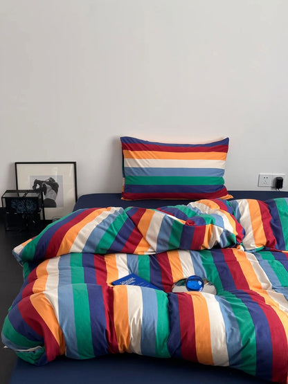 Washed cotton rainbow bedding set creating cheerful bedroom vibe - RoomDen