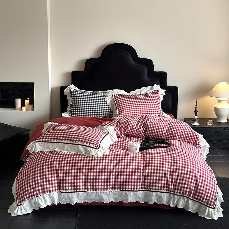 Winsley Gingham Lace Cotton Bedding Set - Berry Red