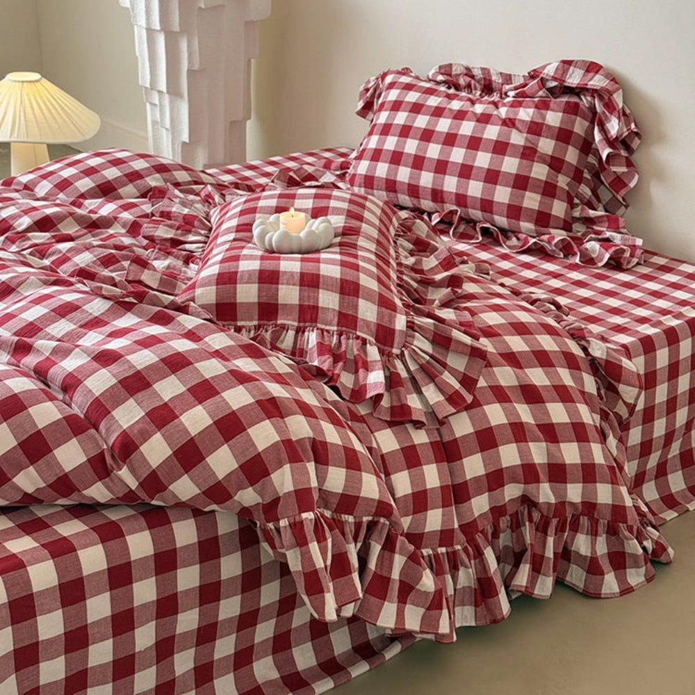 Camille Ruffle Gingham Double Gauze Bedding Set – close view of gingham cotton and gathered trim - Roomden