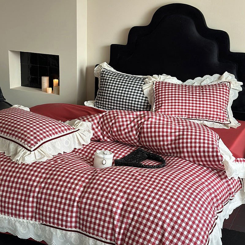 Winsley Gingham Lace Cotton Bedding Set - Berry Red