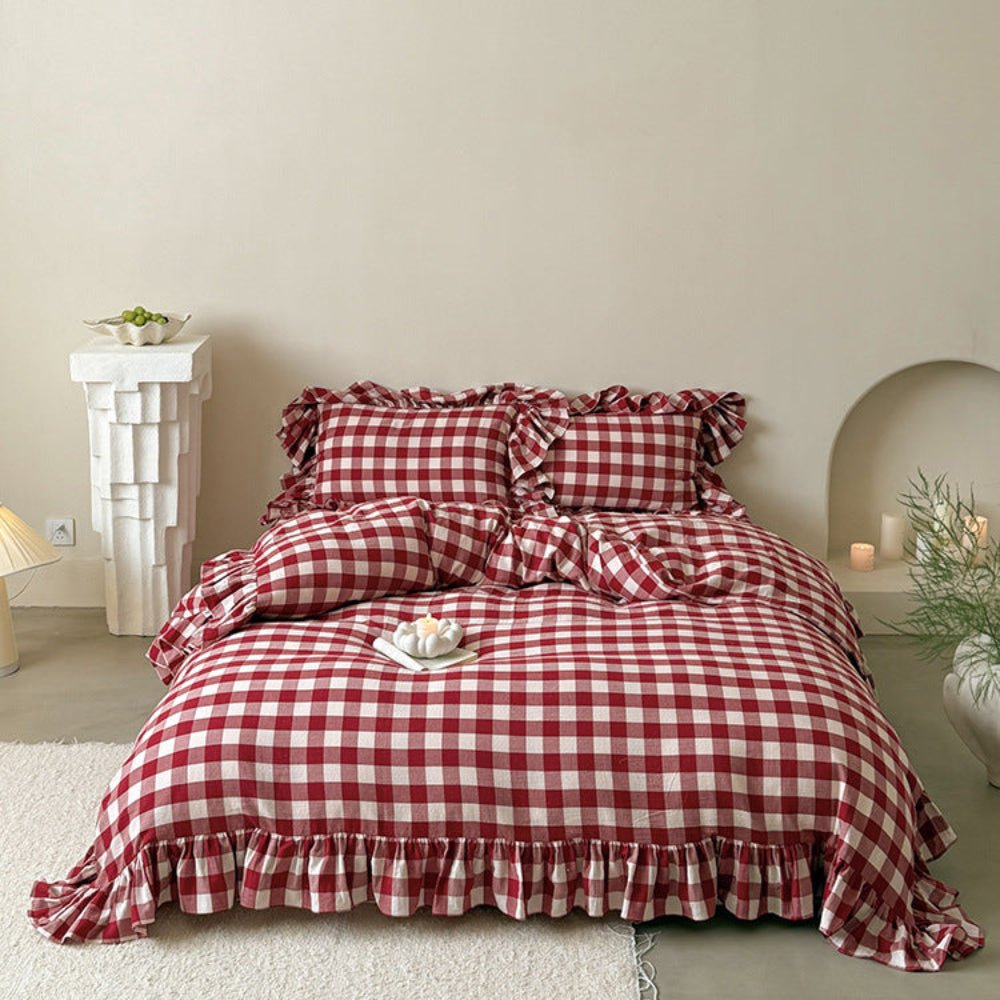 Camille Ruffle Gingham Double Gauze Bedding Set – full cherry-red gingham bed with ruffled edges - Roomden