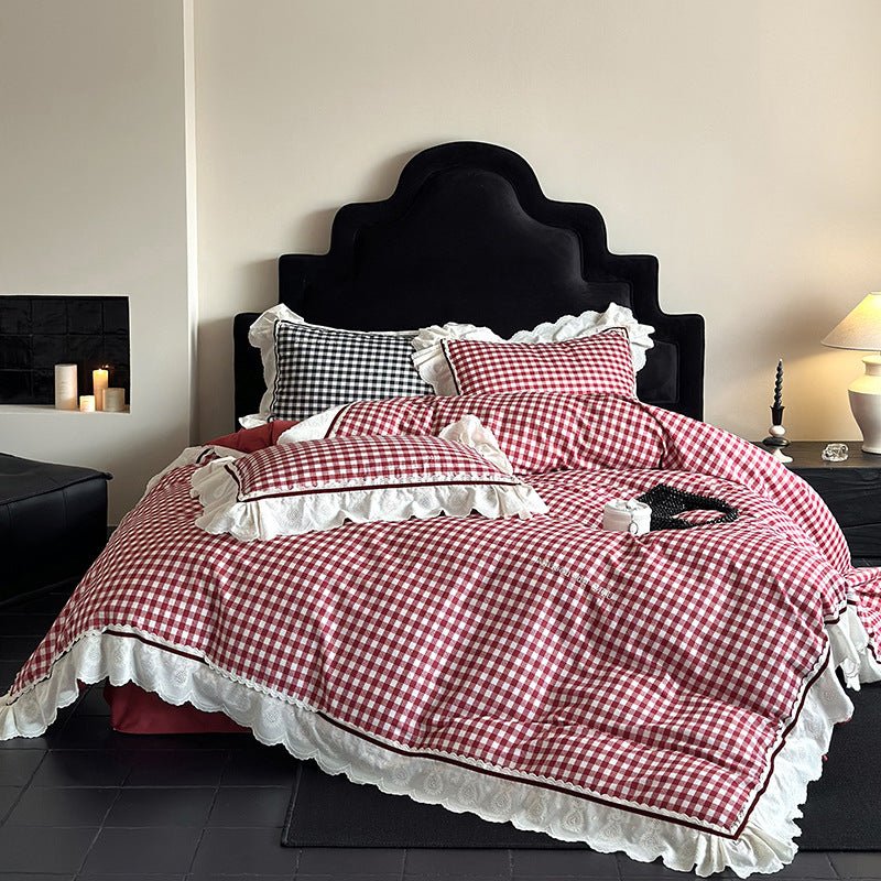Winsley Gingham Lace Cotton Bedding Set - Berry Red