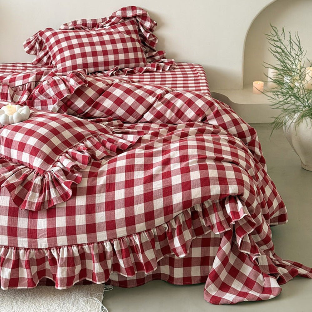 Camille Ruffle Gingham Double Gauze Bedding Set – matching red checked pillow and ruffled duvet edge - Roomden