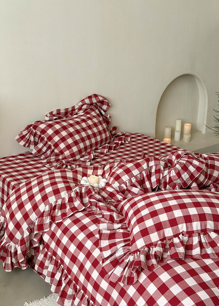 Camille Ruffle Gingham Double Gauze Bedding Set – red gingham bedding viewed from the side - Roomden