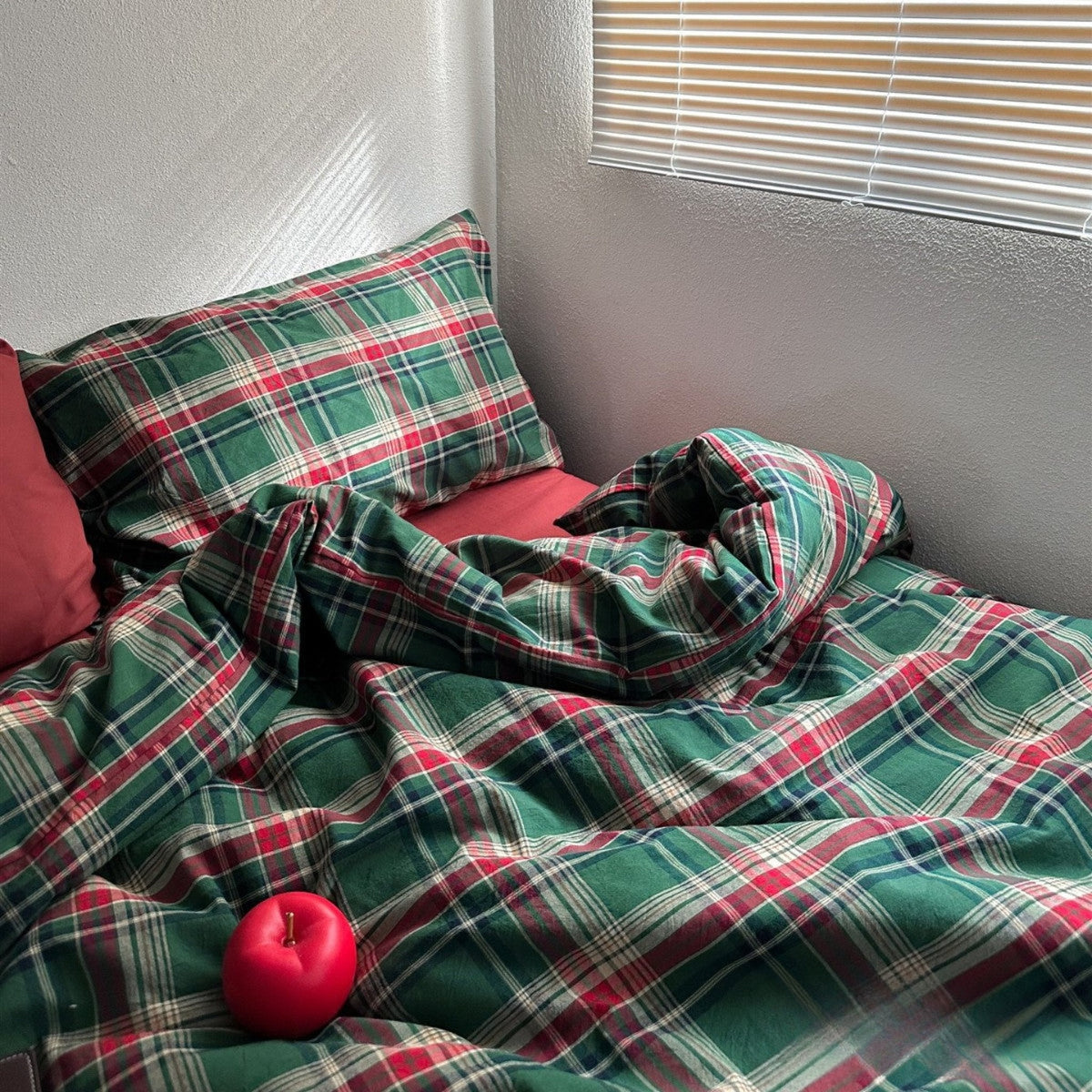 Kirkwood Plaid Cotton Bedding Set – close view of cranberry plaid cotton folds - Roomden