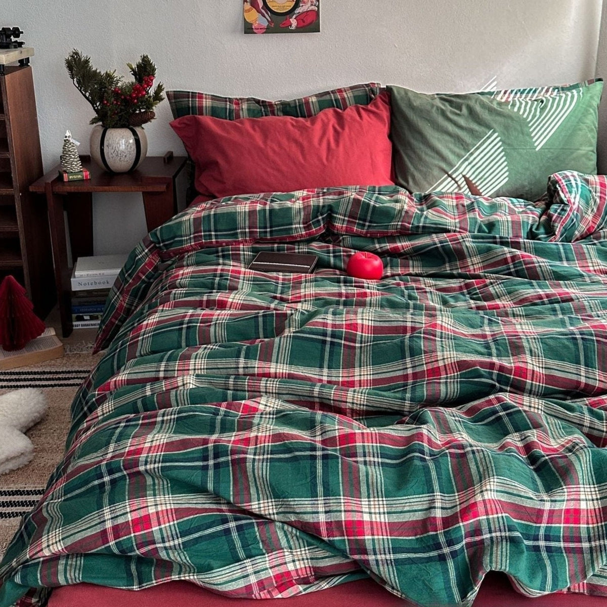Kirkwood Plaid Cotton Bedding Set – cranberry plaid bedding viewed from the front - Roomden