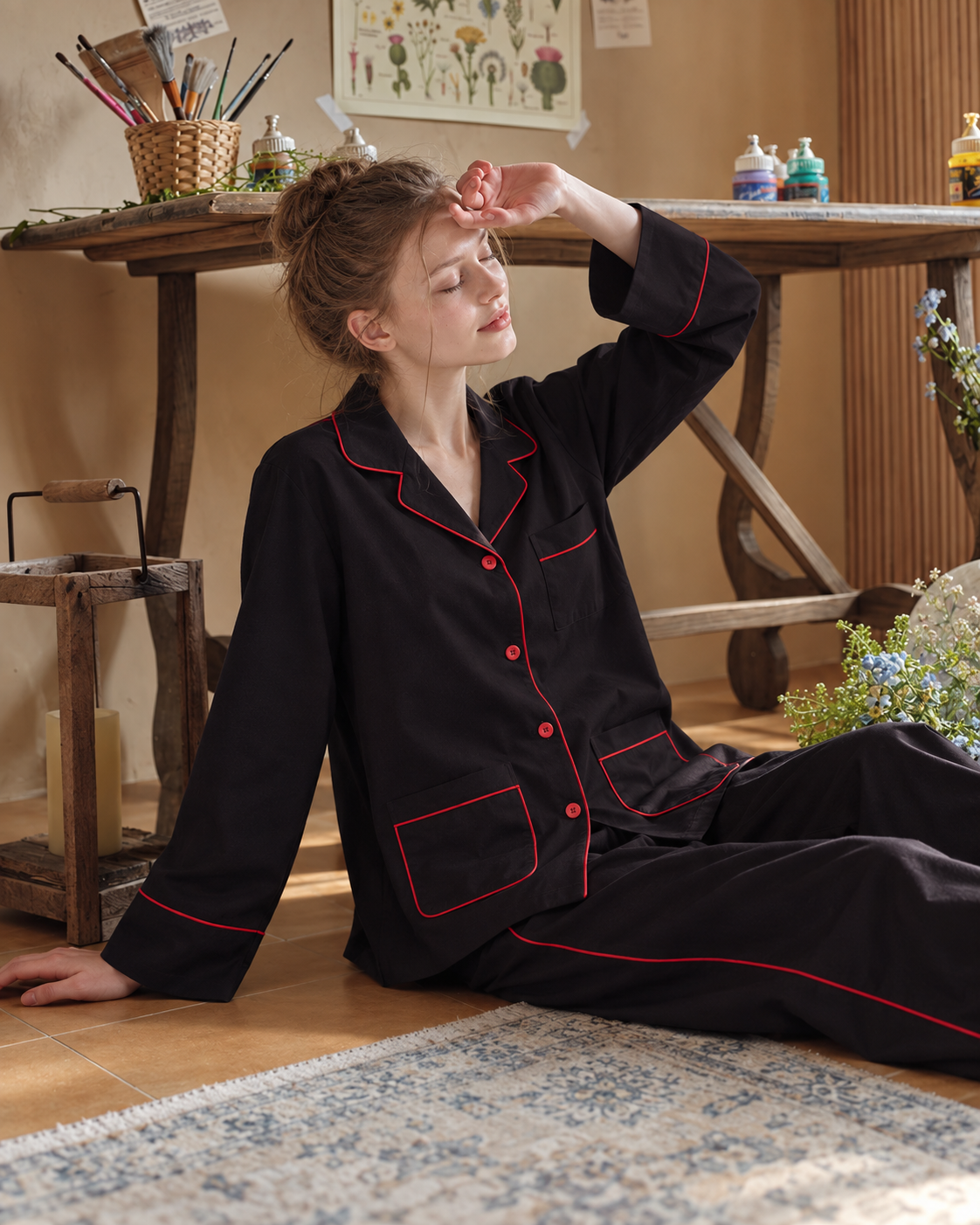 Linehaven contrast-piped long pajama set in black, additional lifestyle view - Roomden