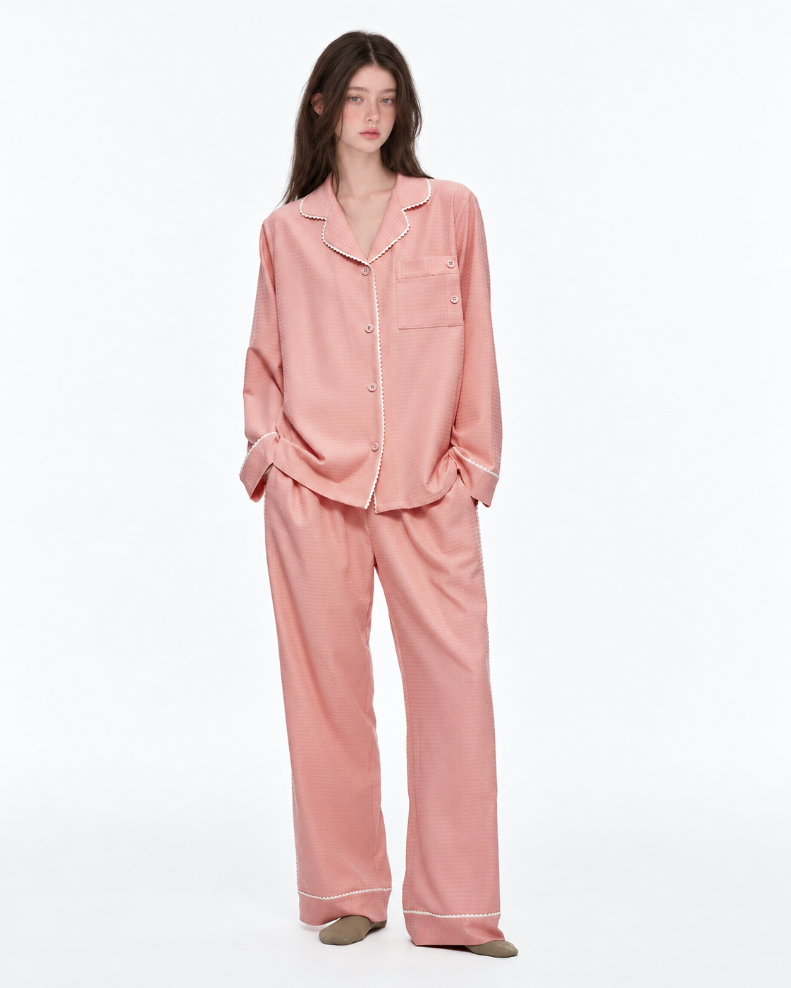 Picot-Trim Textured Long-Sleeve Pajama Set – pink on-model view - Roomden