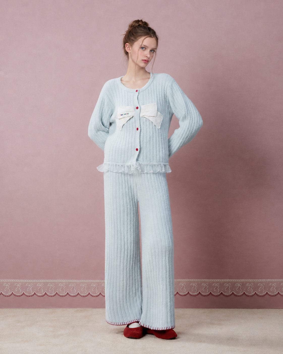 Bow-Front Textured Pajama Set – water blue front view with white bow and red buttons - Roomden