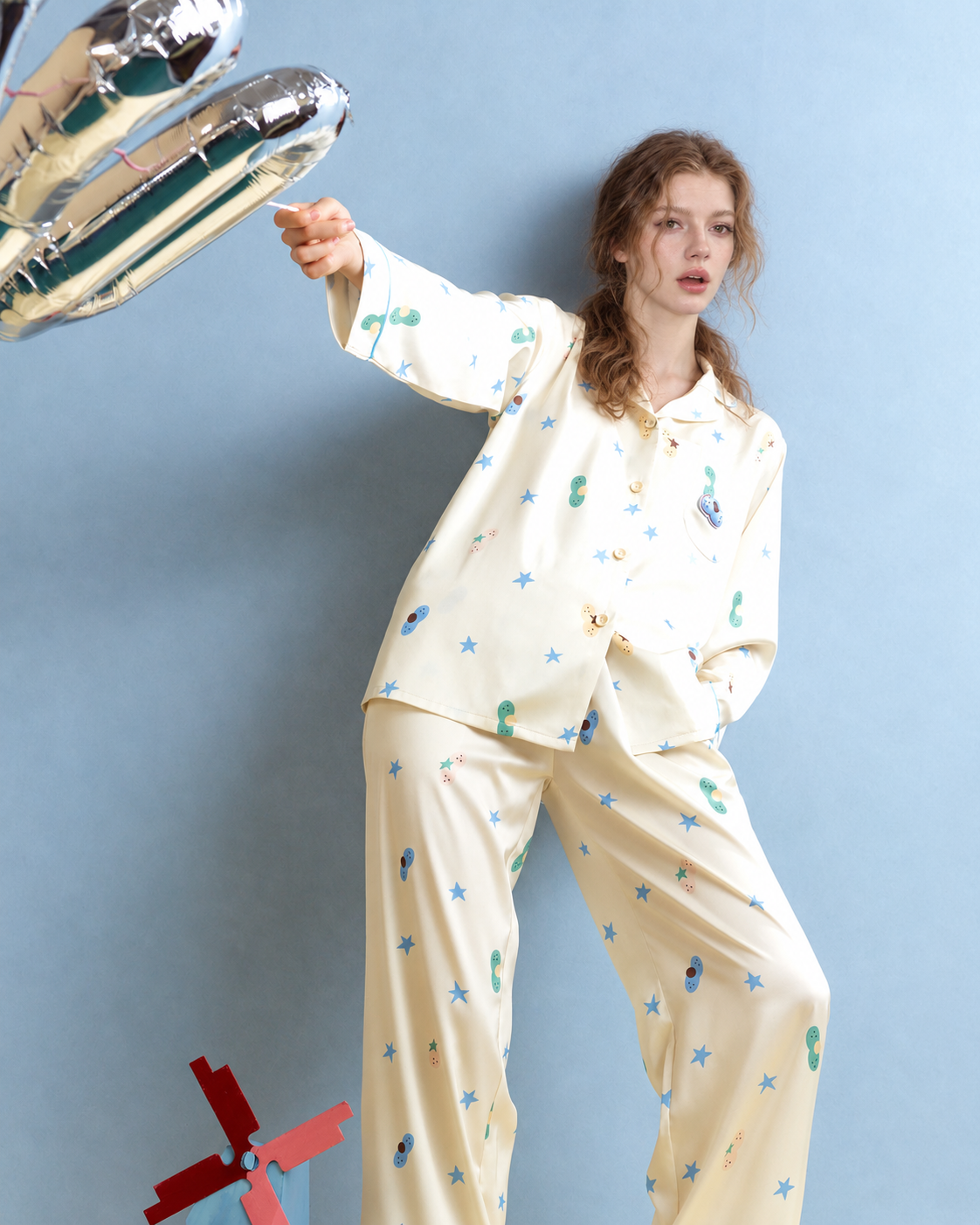 Cat & Star Satin Pajama Set – pale yellow angled standing pose - Roomden