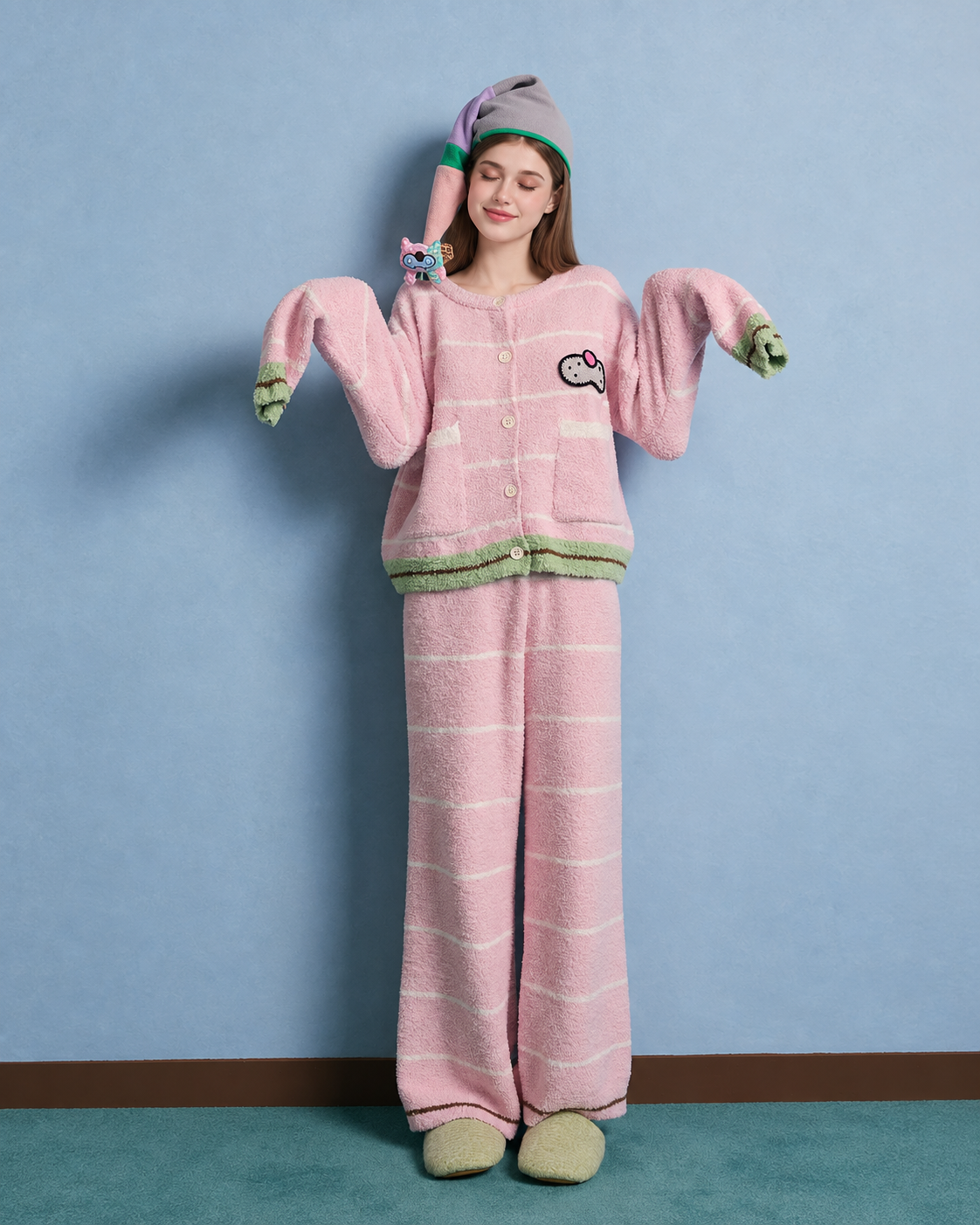 Striped fleece pajama set – peach pink full-length front view with green trim - Roomden