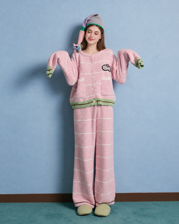 Contrast-Trim Striped Fleece Pajama Set