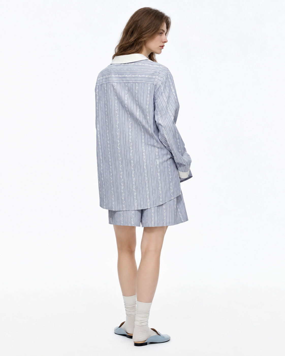 Ribbonhour White-Collar Striped Cotton-Blend Pajama Shorts Set – blue on-model view - Roomden
